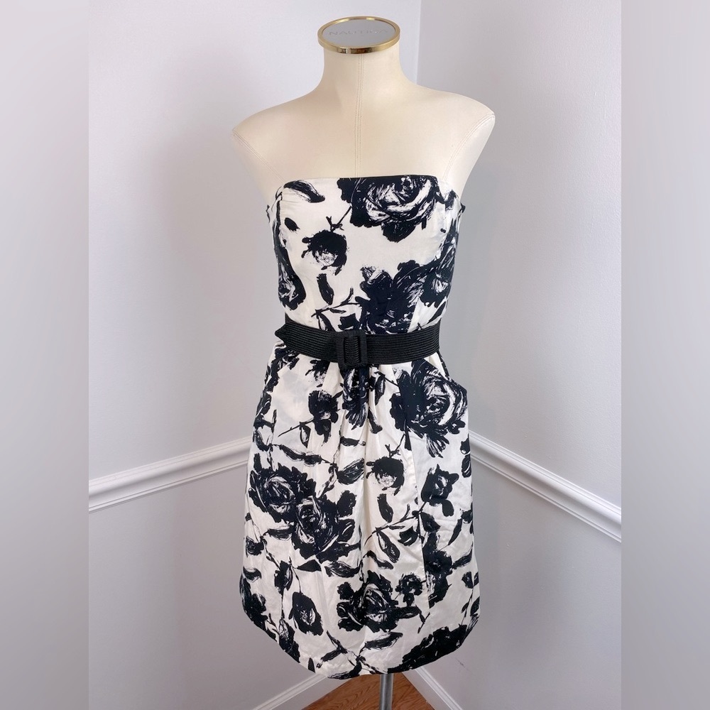 ANN TAYLOR LOFT Petites Black & White Floral Strapless Silk Dress With Belt 2P